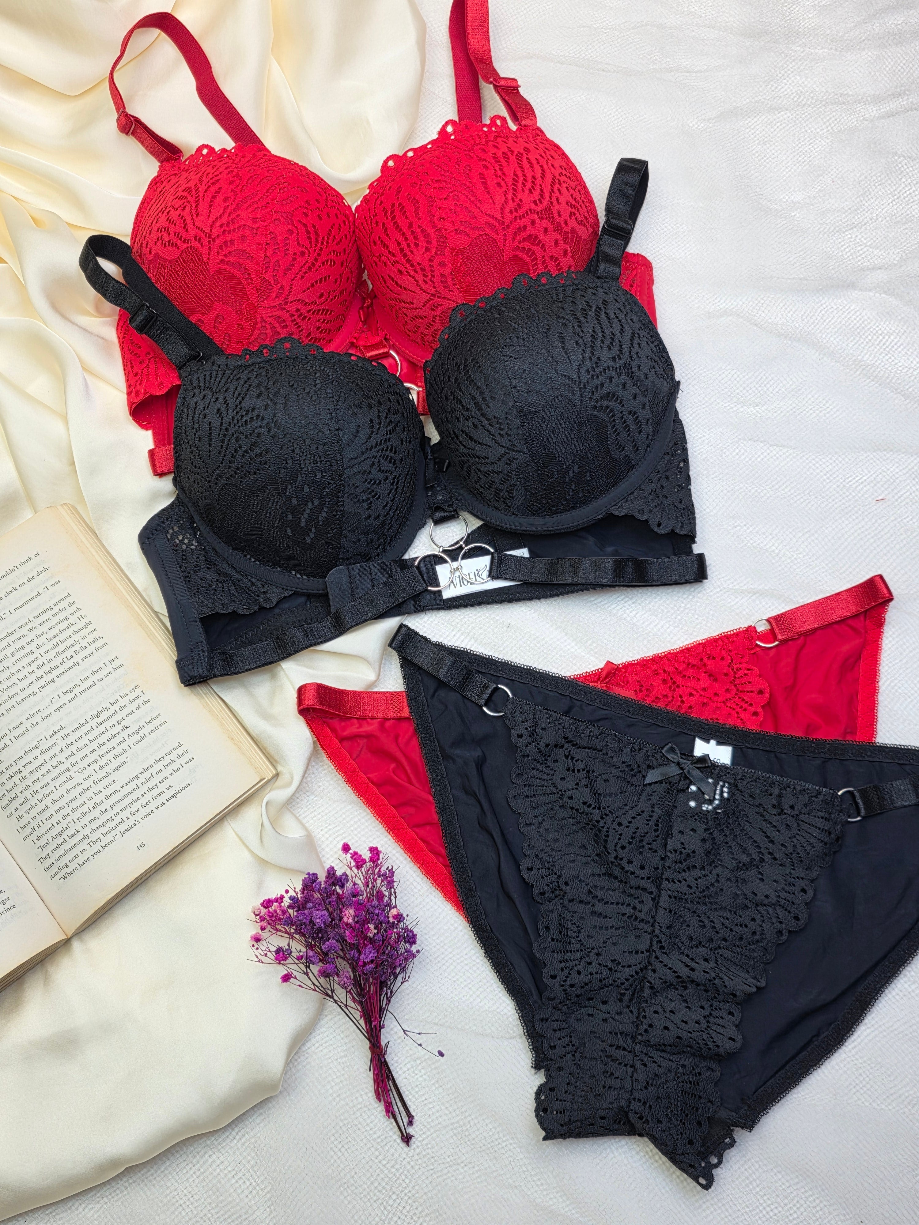 (34-40)C Cup Elegant Lacy Double Padded Bra & Panty Set