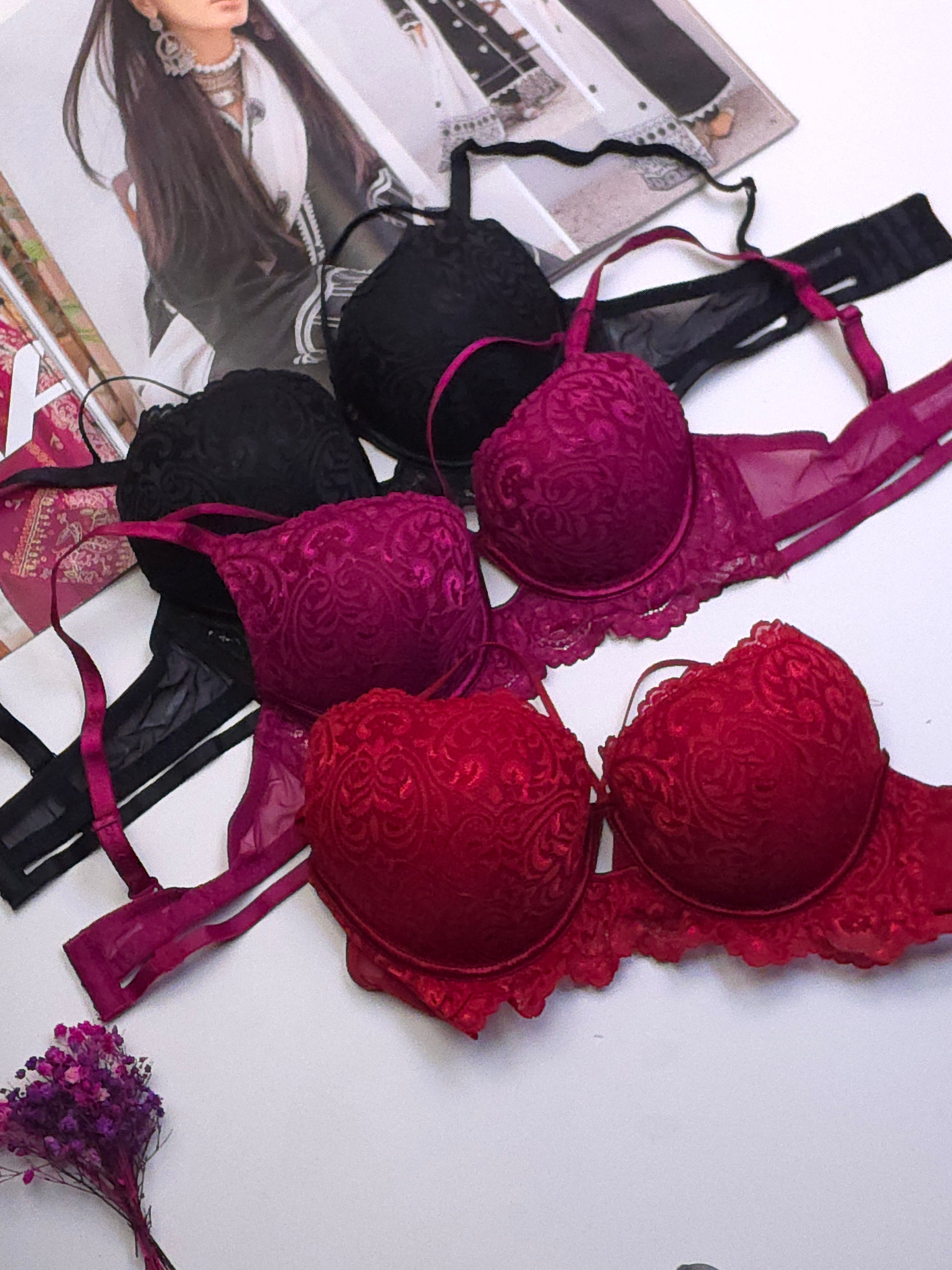 (34-40)B Elegant Double Padded Push-up Lace Bridal Bra (148)