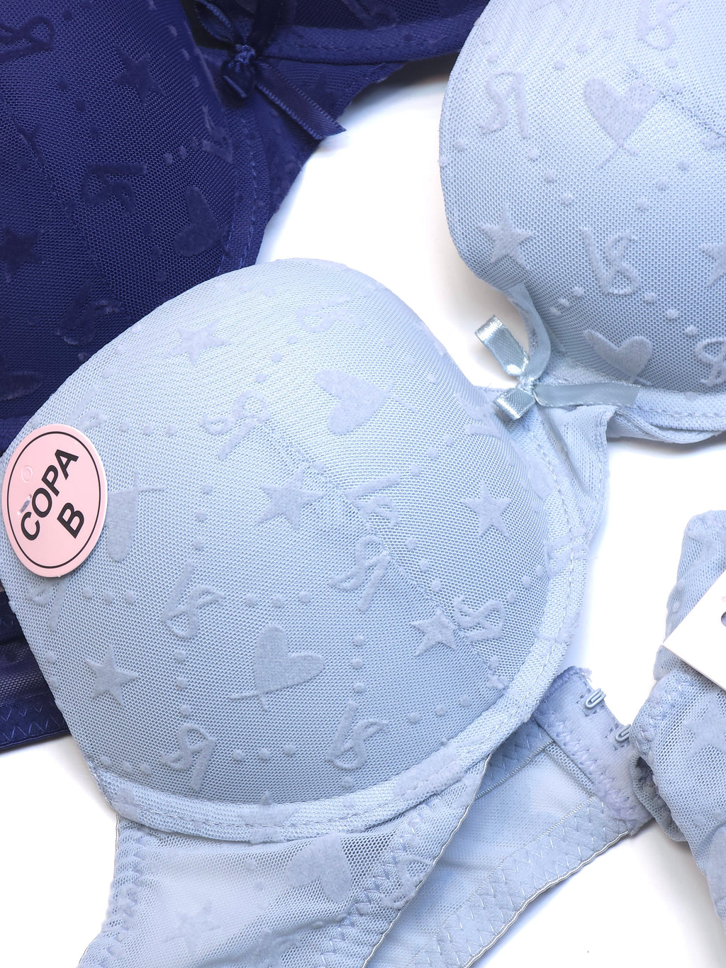 (34-40)b (Blue & Light Grey)Elegant Design Padded Pushup Wired Bra With Matching Thong Underwear 5015(154))
