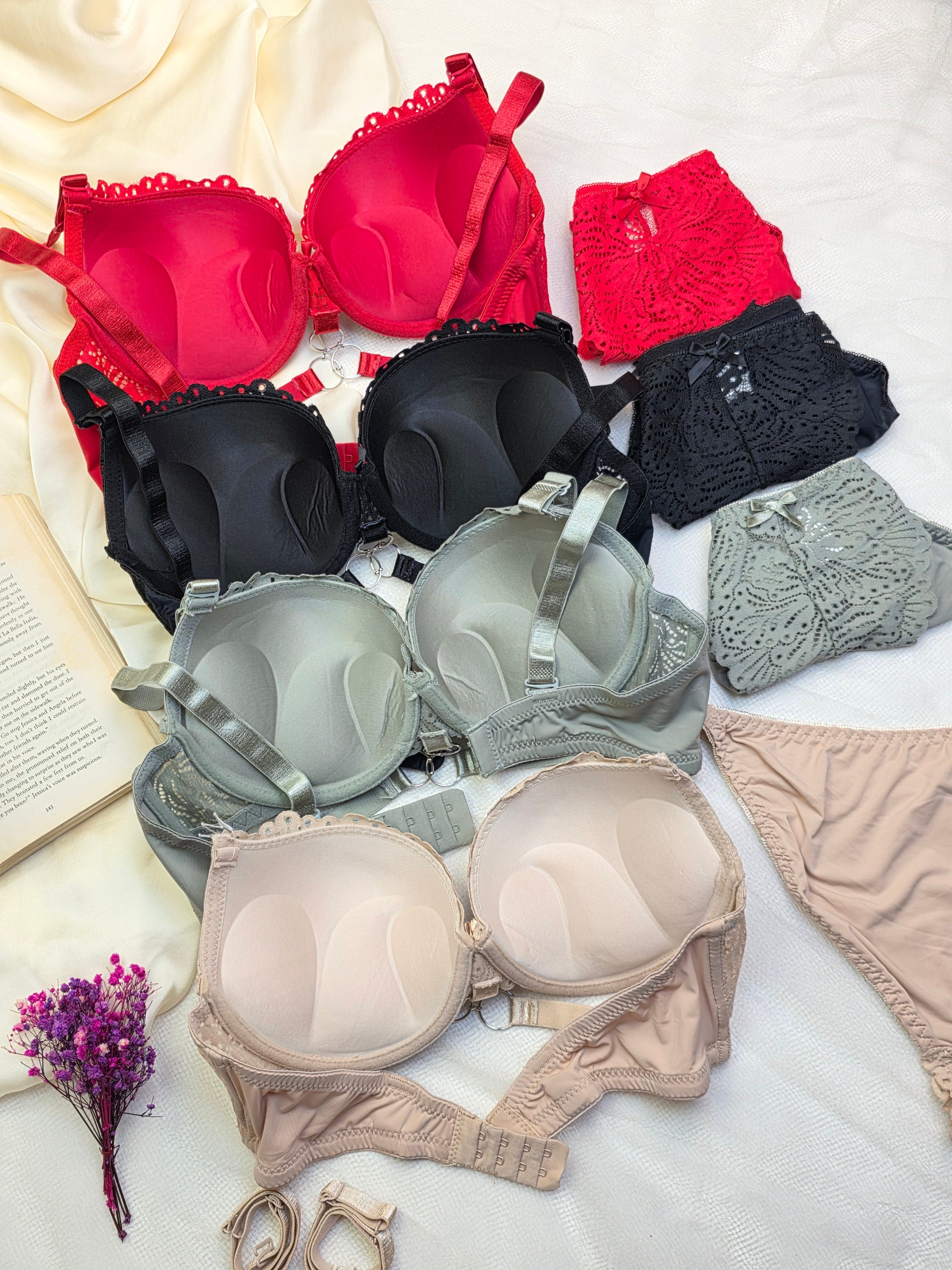 (34-40)C Cup Elegant Lacy Double Padded Bra & Panty Set