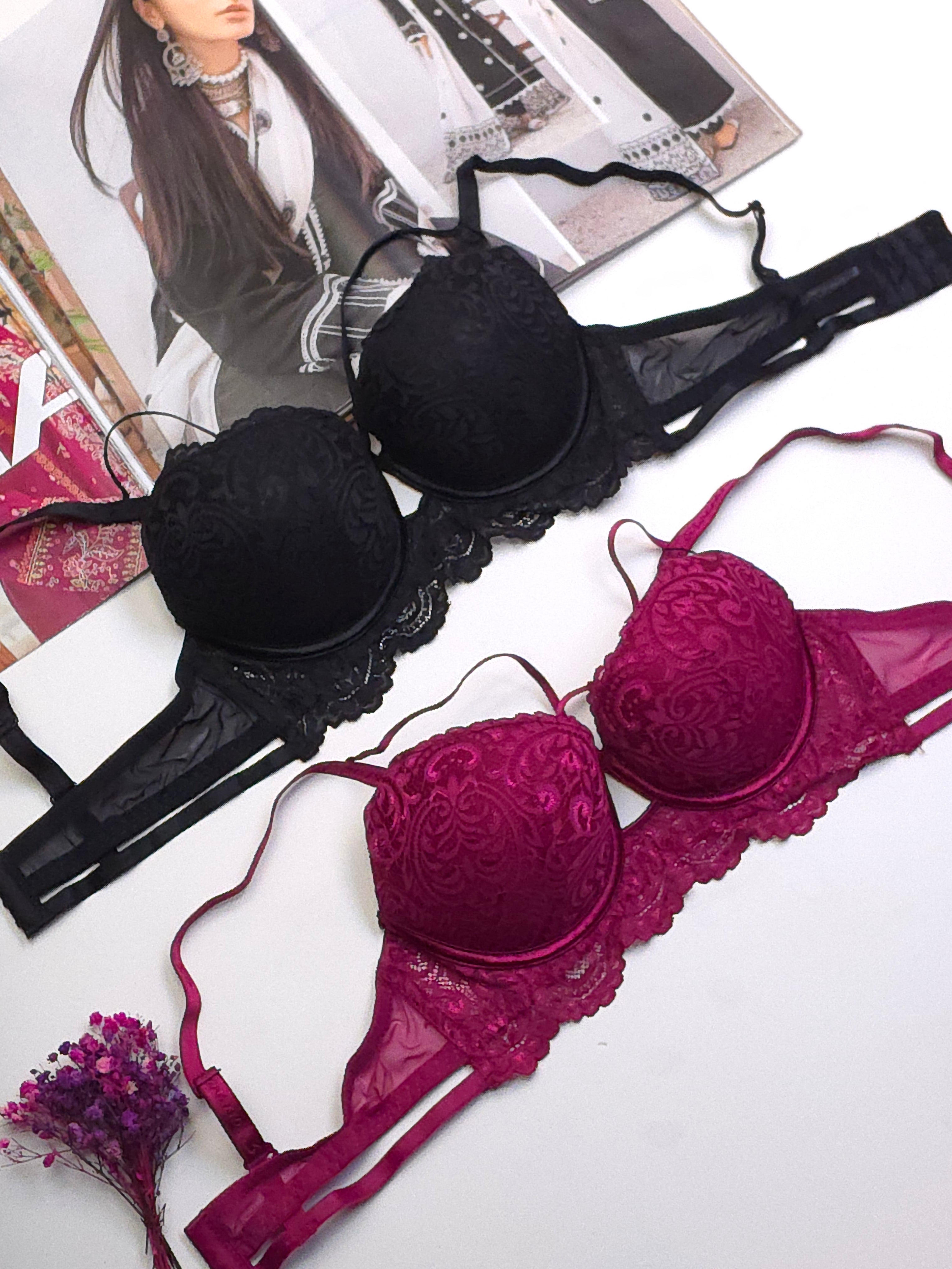(34-40)B Elegant Double Padded Push-up Lace Bridal Bra (148)