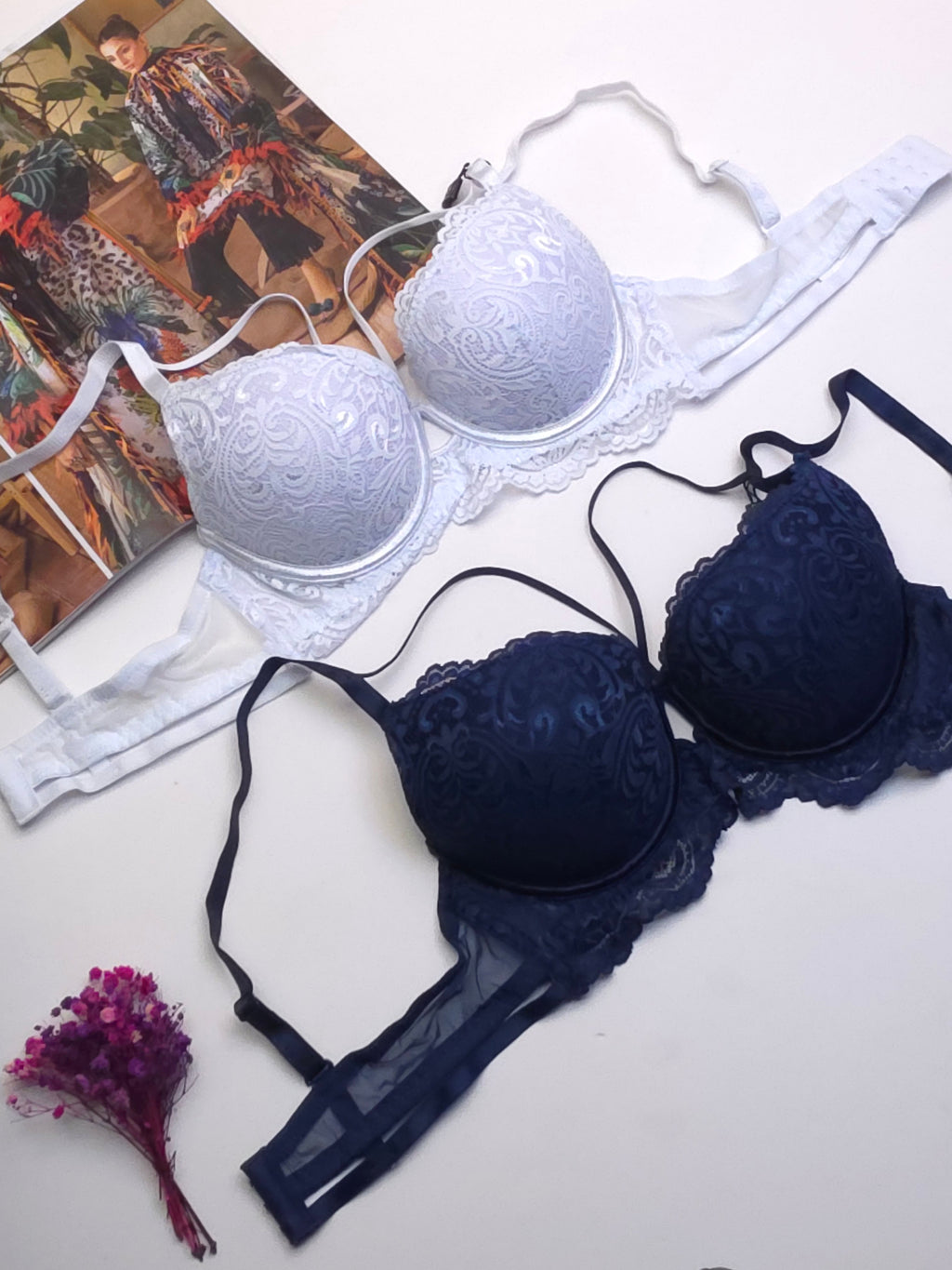(34-40)B White Double Padded Push-up Lace Bridal Bra (148)